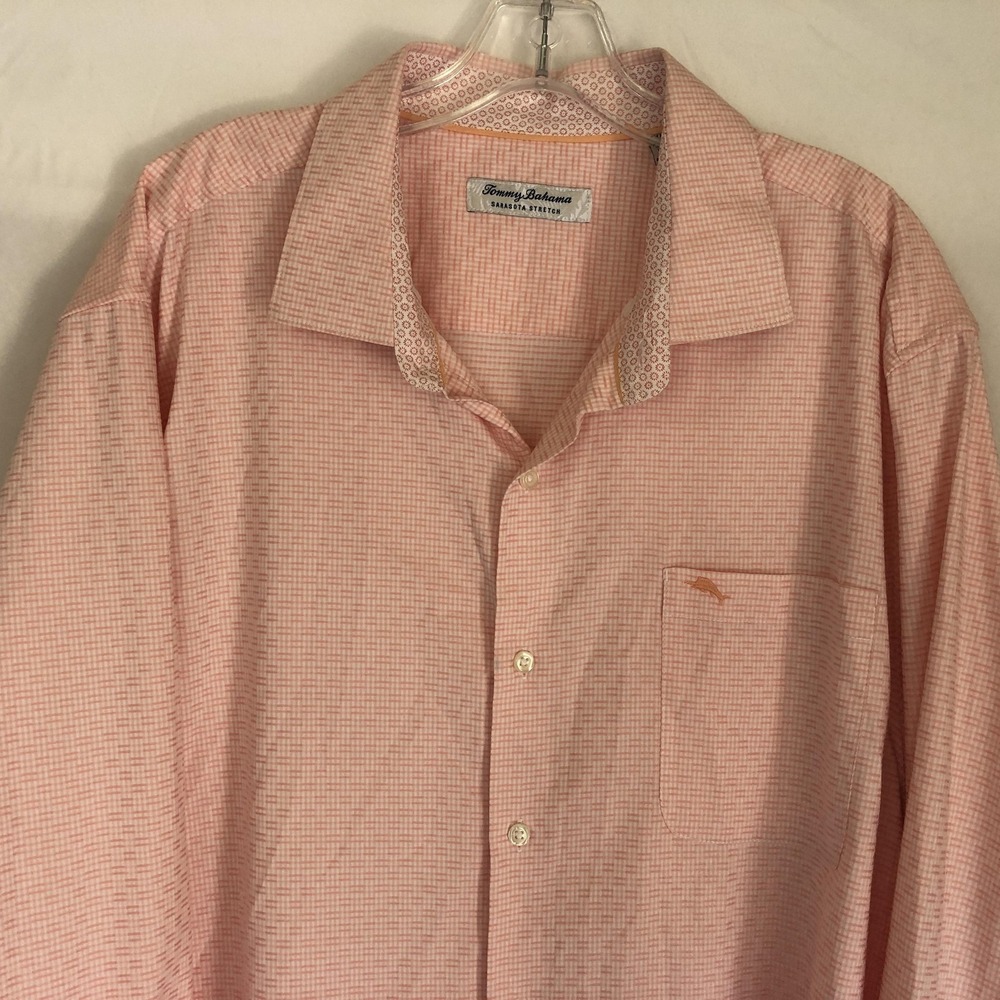 Tommy Bahama Mens XL Pink Check Sarasota Stretch Long Sleeve Button Front Shirt - Picture 2 of 11